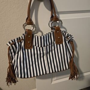 Nautical-Style Navy Striped Canvas Tassel Accents Purse.